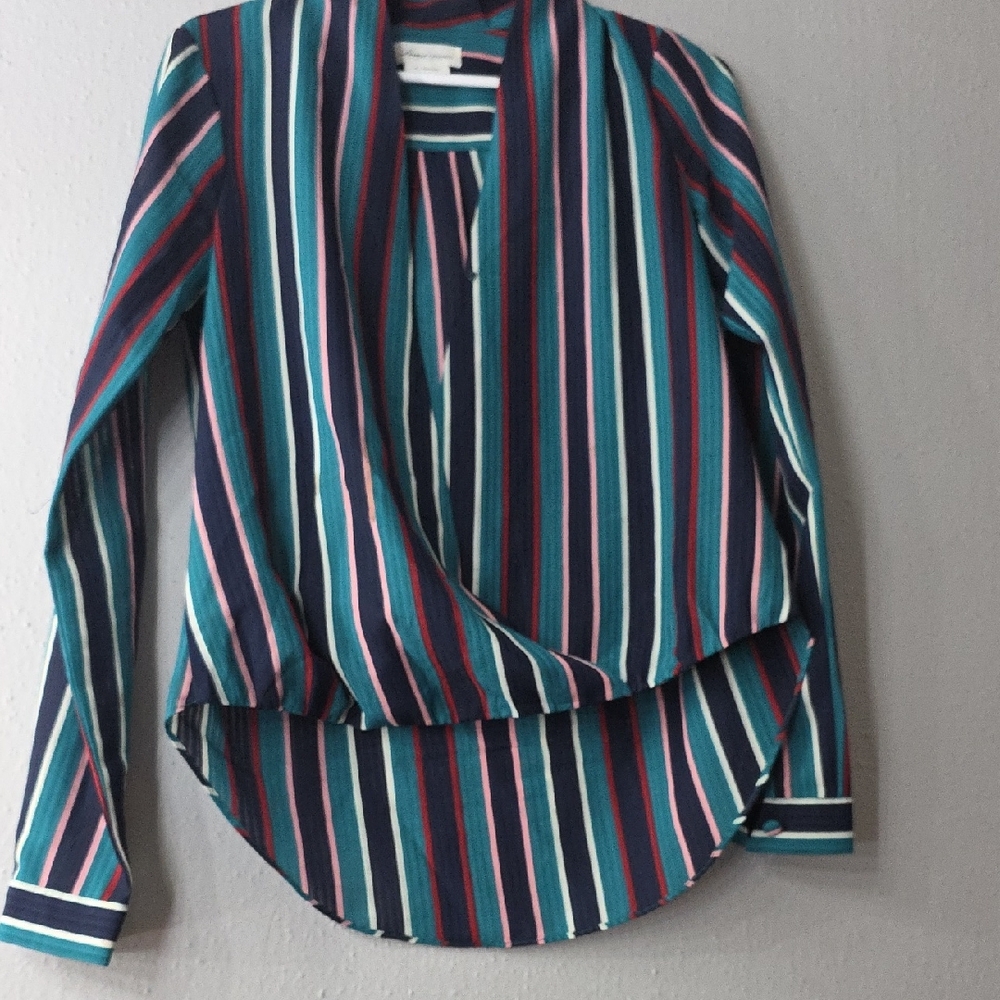 Lovers + Friends Teal and Pink Striped Blouse